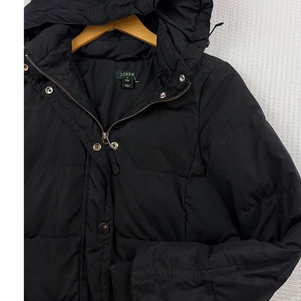 J.Crew Black Hooded Down Puffer Parka Coat XXS Long Quilted Winter Jacket